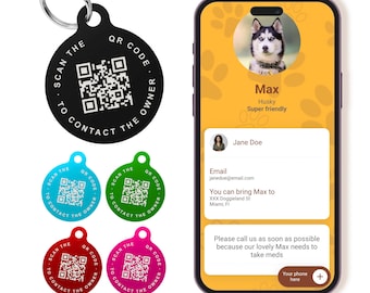 Aangepaste QR-code huisdier-ID-tag, gepersonaliseerde gegraveerde slimme scanbare aluminium ID-honden- en kattentags, ronde aluminium lichtgewicht veelkleurige tags