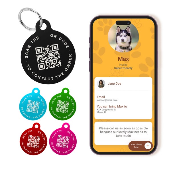 Custom QR code Pet ID Tag, Personalized Engraved Smart Scannable Aluminum ID Dogs & Cat Tags, Round Aluminum Lightweight Multicolor Tags