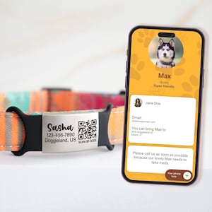 Op de afbeelding: Een zilveren hondenpenning met een zwarte achtergrond en een QR-code. De penning heeft de naam "Sasha" en het telefoonnummer 123-456-7890. De penning vermeldt ook "Doggieland, US". Op het scherm van een smartphone staat een profiel voor een hond genaamd "Max" met een foto van een husky. Het profiel bevat de naam van de eigenaar, zijn e-mailadres en instructies over hoe de eigenaar te contacteren.