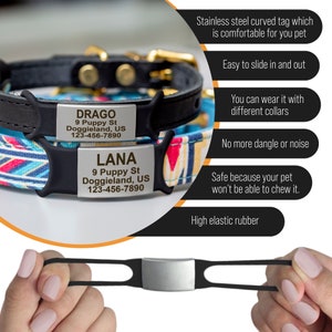 May include: Two personalized dog tags with black and white striped collars. The tags are made of stainless steel and have a curved shape. The text on the tags reads "DRAGO 9 Puppy St Doggieland, US 123-456-7890" and "LANA 9 Puppy St Doggieland, US 123-456-7890".