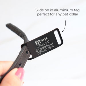 May include: Black metal dog tag with engraved text: "Bruno, 9 Puppy st, doggieland, us, 000-000-0000". The tag is attached to a black leather dog collar.
