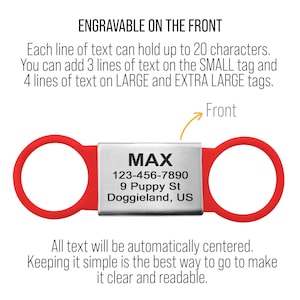 May include: Red and silver dog tag with the name "MAX" engraved on it, along with a phone number, address, and city, state. The tag is attached to two red rings.