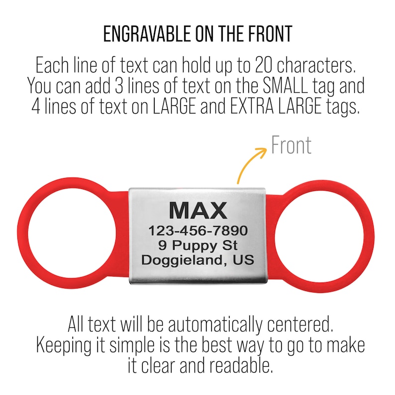 May include: Red and silver dog tag with the name "MAX" engraved on it, along with a phone number, address, and city, state. The tag is attached to two red rings.