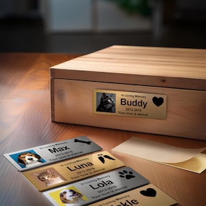 Custom Pet Memorial Urn Adhesive Metal Nameplate, Personalized Plaque for Dog Ashes Box, Stainless Steel Printed Keepsake Cat Badge Sign