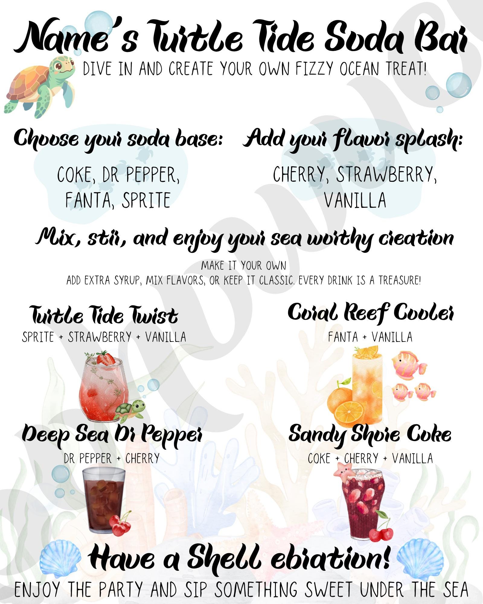 Editable Turtle Soda Bar Sign, Under the Sea Birthday Dirty Soda Menu ...