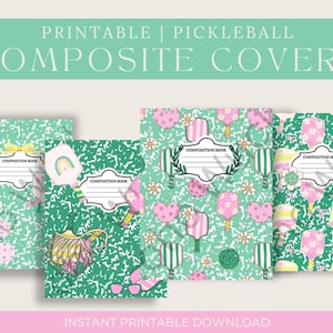 Könnte beinhalten: Vier Notizbuchumschläge mit Pickleball-Motiven. Die Umschläge haben einen grün gesprenkelten Hintergrund mit Pickleball-Schlägern, Herzen und Blumen. Der Text "PRINTABLE | PICKLEBALL COMPOSITE COVERS" steht oben. Der Text "INSTANT PRINTABLE DOWNLOAD" steht unten.