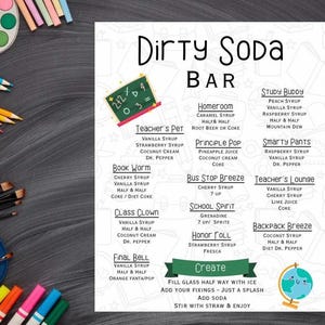 K&ouml;nnte beinhalten: Eine Dirty Soda Bar-Speisekarte vor einem Tafelhintergrund. Die Speisekarte listet verschiedene Soda-Kombinationen wie "Teacher's Pet" und "Study Buddy" auf. Bunte Kunstutensilien umgeben die Speisekarte, darunter Farbe, Bleistifte und Marker.