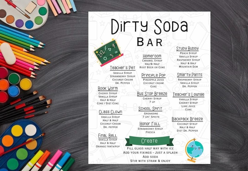 K&ouml;nnte beinhalten: Eine Dirty Soda Bar-Speisekarte vor einem Tafelhintergrund. Die Speisekarte listet verschiedene Soda-Kombinationen wie "Teacher's Pet" und "Study Buddy" auf. Bunte Kunstutensilien umgeben die Speisekarte, darunter Farbe, Bleistifte und Marker.