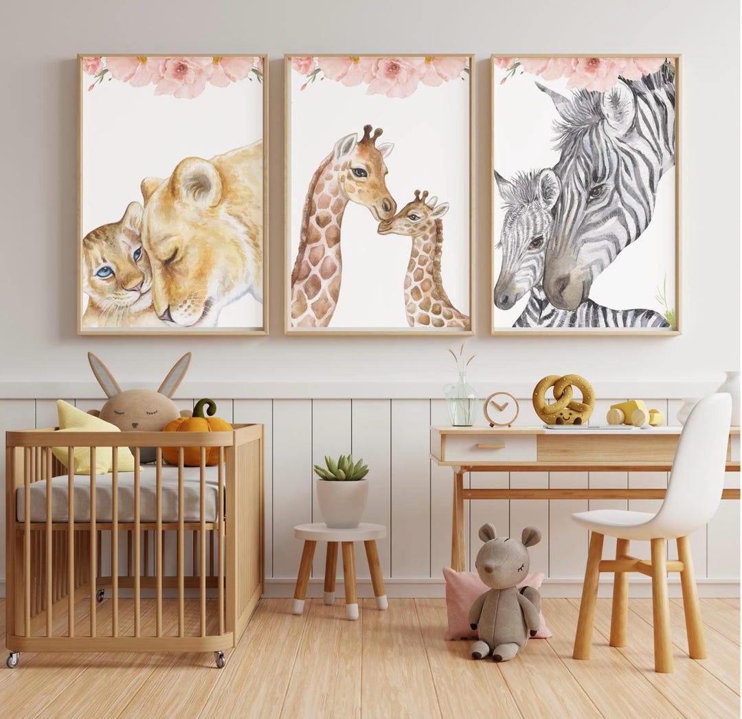 Watercolor Zoo Animal Nursery Print | Floral Safari, Baby & Mom ...