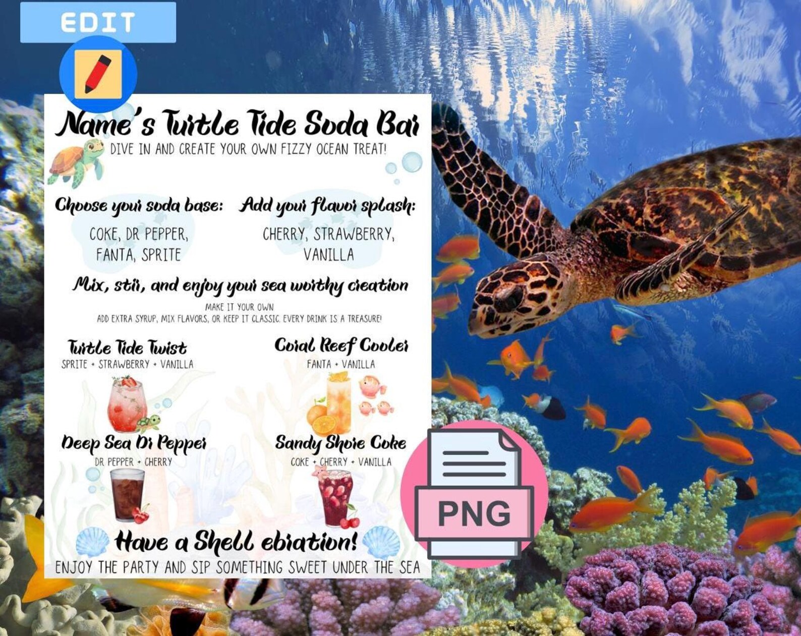 Editable Turtle Soda Bar Sign, Under the Sea Birthday Dirty Soda Menu ...