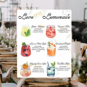 Puede incluir: Un letrero blanco con las palabras "Love and Lemonade" en escritura elegante. El letrero presenta ilustraciones de acuarela de seis diferentes limonadas con sus ingredientes enumerados debajo de cada imagen. El fondo es una imagen borrosa de una recepción de boda.