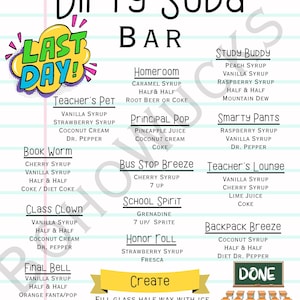 Könnte beinhalten: Eine farbenfrohe Menütafel für eine "Dirty Soda Bar" mit verschiedenen Soda-Rezepten. Die Speisekarte enthält Namen wie "Teacher's Pet" und "Study Buddy", mit den Zutaten darunter. Eine "Last Day!" Grafik befindet sich oben links.