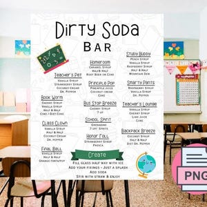 K&ouml;nnte beinhalten: Eine Speisekarte der "Dirty Soda Bar" mit einer Tafel, einem Globus und einem PNG-Logo. Die Speisekarte listet verschiedene Soda-Kombinationen wie "Teacher's Pet" und "Book Worm" mit Zutaten wie Vanillesirup und Kokoscreme auf. Der Hintergrund ist ein Klassenzimmer.