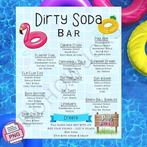 May include: A colorful Dirty Soda Bar menu with a flamingo floatie graphic. The menu lists various soda combinations like Cabana Crush, Mermaid Juice, and Sun-Kissed. The background shows a pool with colorful floaties.