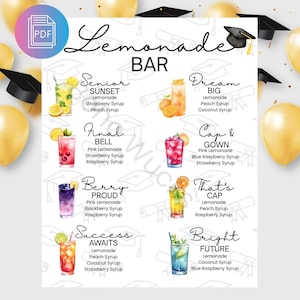 May include: A colorful lemonade bar menu with various drink options, including "Senior Sunset" and "Bright Future." The menu features illustrations of the drinks and their ingredients, with graduation-themed decorations.