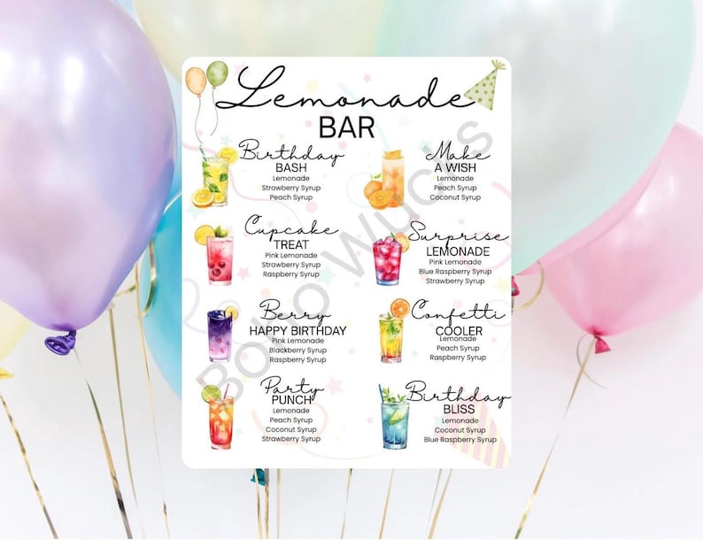 以下が含まれることがあります： 「Lemonade BAR」の文字とレモネードのレシピが書かれた白い看板。レシピには、ピーチシロップ、ココナッツシロップ、ストロベリーシロップなどの材料が含まれています。背景にはカラフルな風船があります。