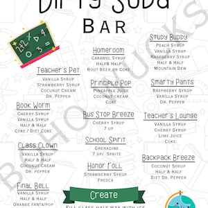 K&ouml;nnte beinhalten: Eine Speisekarte f&uuml;r eine "Dirty Soda Bar" mit einer Tafel und einer Globusgrafik. Die Speisekarte listet verschiedene Soda-Kombinationen mit Namen wie "Teacher's Pet" und "Class Clown" auf, einschlie&szlig;lich Zutaten wie Vanillesirup und Kokosnusscreme.