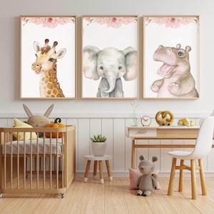Baby Watercolor Zoo Animal Nursery Wall Art | Floral Jungle Safari Printable | Digital Download | Gender Neutral Nursery Decor | Frameable