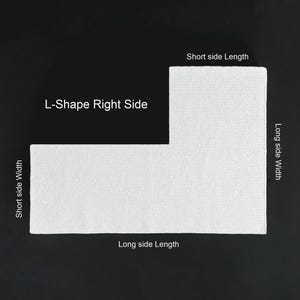 May include: An L-shaped white fabric sample against a black background. The text labels the sides: "Short side Width", "Long side Length", "Short side Length", and "Long side Width". The text "L-Shape Right Side" is also visible.