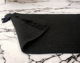 Custom Size Black Bath Mat with Fringe Handmade from High Quality Machine Washable Absorbent 100% Cotton, Multiple Color Options