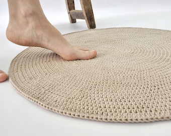 Custom Size Beige Round Bath Mat Handmade from High Quality Machine Washable Absorbent 100% Cotton, Multiple Color Options