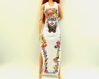 Doll Clothes 1/6-scale 11,5-inch - Long Dress Slits Print Vibes Flowers