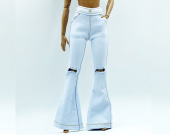 12" Doll Clothes, Flare Pants Light Jeans with Knee Tear - Outfit 1/6 scale