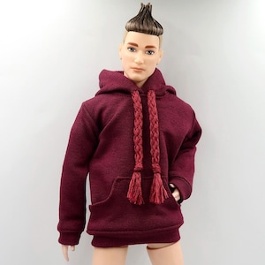 12&quot; Doll Clothes, Wine Hoodie with Braided Drawstring and Pockets - Outifts 1/6-scale