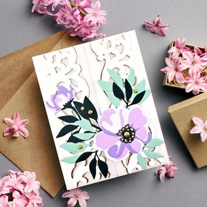 Carte de voeux dimensionnelle le jour du mariage, carte de mariage florale, cadeau de jour de mariage rose pourpre