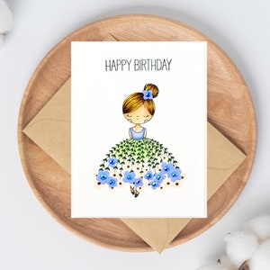 Carte de joyeux anniversaire pour danseuse, carte de ballerine, carte de fleurs bleues, jolie carte de fleur d’anniversaire