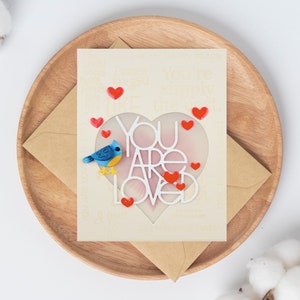 Carte oiseau Je t'aime, carte avec oiseau pour femme, carte coeur brodée, carte de Saint-Valentin pour femme