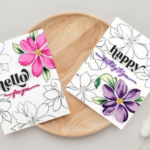 Jeu de cartes - Cartes florales roses et violettes, Joyeux anniversaire à vous et Carte Bonjour