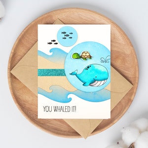 Carte de félicitations pour enfants, carte de vœux de bon travail de baleine et de tortue