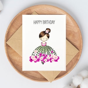 Carte de joyeux anniversaire pour danseuse, carte de ballerine, carte de fleurs fuchsia, jolie carte de fleur d'anniversaire, jolie fille avec des fleurs