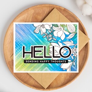 Carte Envoi de pensées heureuses Crad bleu et vert, Bonjour floral blanc