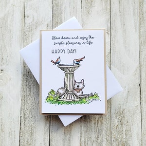Carte chien dans le parc, carte bain oiseau, cartes d'illustrations Anita Jeram, carte été mignon, carte animaux dans le parc
