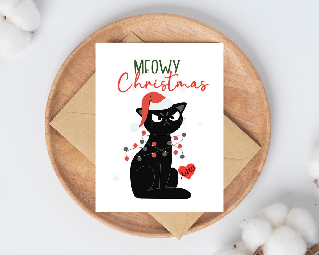 Funny Cat Christmas Card, Meowy Holiday Pun - Etsy