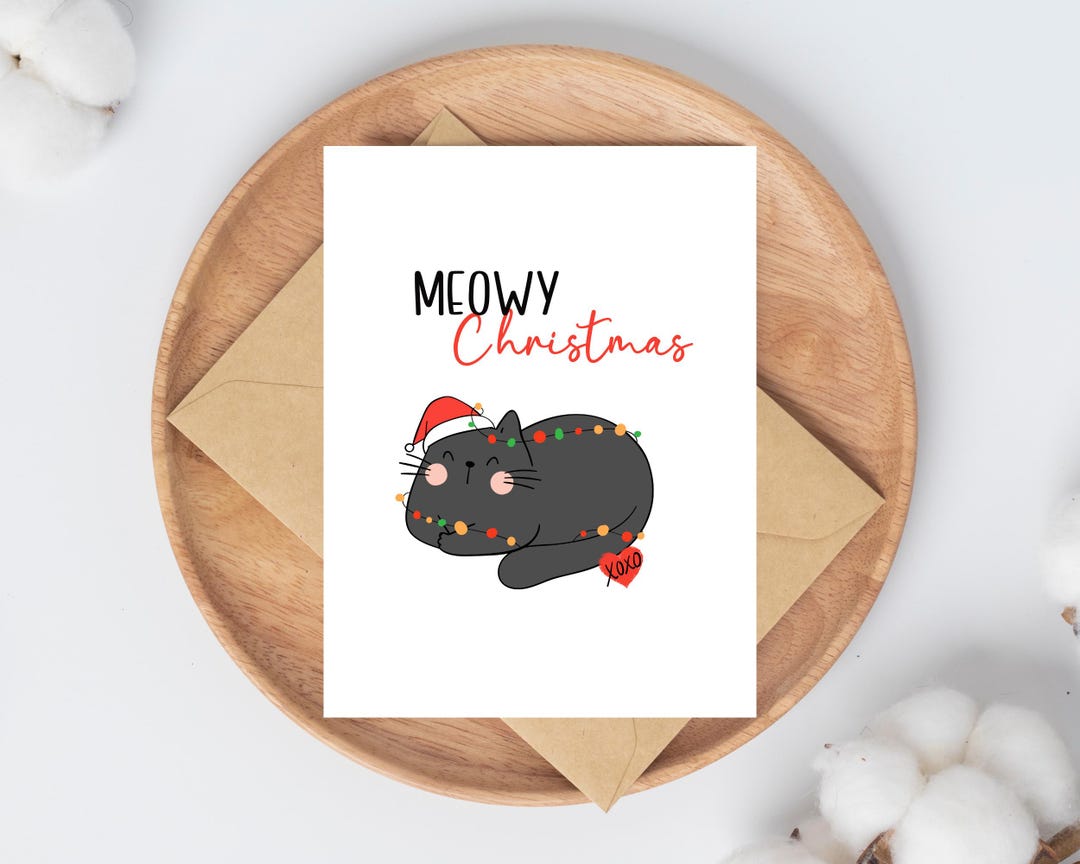 Meowy Christmas Cat Holiday Card, Funny Pun Card - Etsy