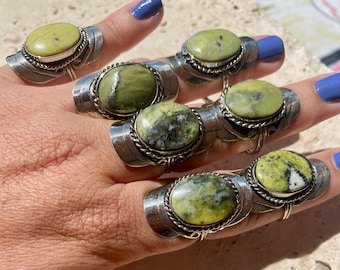 SERPENTINE Adjustable Stone Rings - Round Serpentine Stone - Authentic Stone Ring - Green Crystal Stone Ring - Alpaca Silver