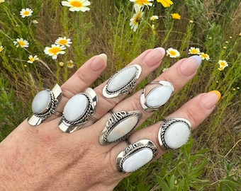 WHITE ONYX adjustable ring ~ peruvian stone ring ~ white stone ring ~ unique silver ~ statement ring ~ large white stone ring ~ white onyx