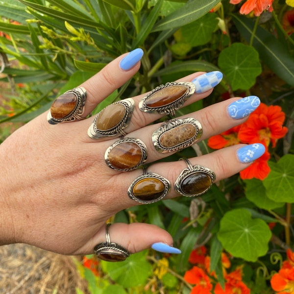 TIGER'S EYE stone ring • adjustable • peruvian stone ring • handmade • alpaca silver • authentic stone •