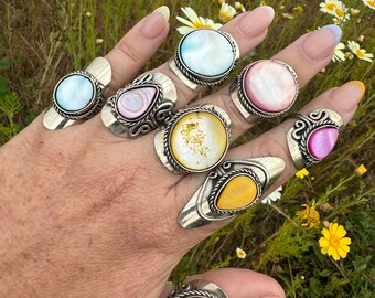 Adjustable Peruvian Stone Ring: Alpaca Silver Boho Jewelry