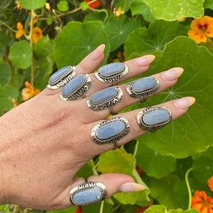May include: A hand wearing eight silver rings with oval-shaped blue stones. The rings have intricate designs around the stones.