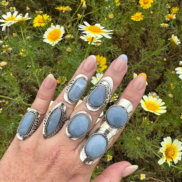 ANGELITE Stone Ring / Adjustable Peruvian Angelite Stone / Big Stone Ring Alpaca Silver / Authentic Gemstone / Bohemian Ring / Blue