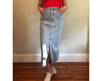80s denim skirt outfit