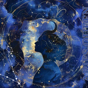 Può includere: Un'illustrazione ad acquerello blu e oro di una silhouette femminile con il testo "Aries Queen" in lettere dorate. La silhouette è circondata da stelle e costellazioni.