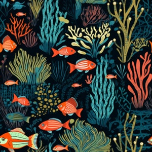 May include: A colorful underwater scene with orange, red, and blue fish swimming among green, blue, and yellow coral and seaweed.