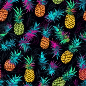 May include: A seamless pattern featuring vibrant pineapples with neon green, blue, and pink leaves on a black background.
