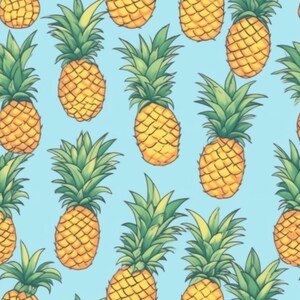 May include: A repeating pattern of yellow pineapples with green leafy tops on a light blue background. The pineapples are drawn with detailed shading, giving them a realistic appearance. This design is suitable for tropical-themed products.