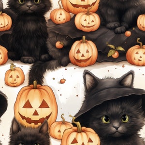 Digital Download - Seamless pattern; witchy black cats and pumpkins